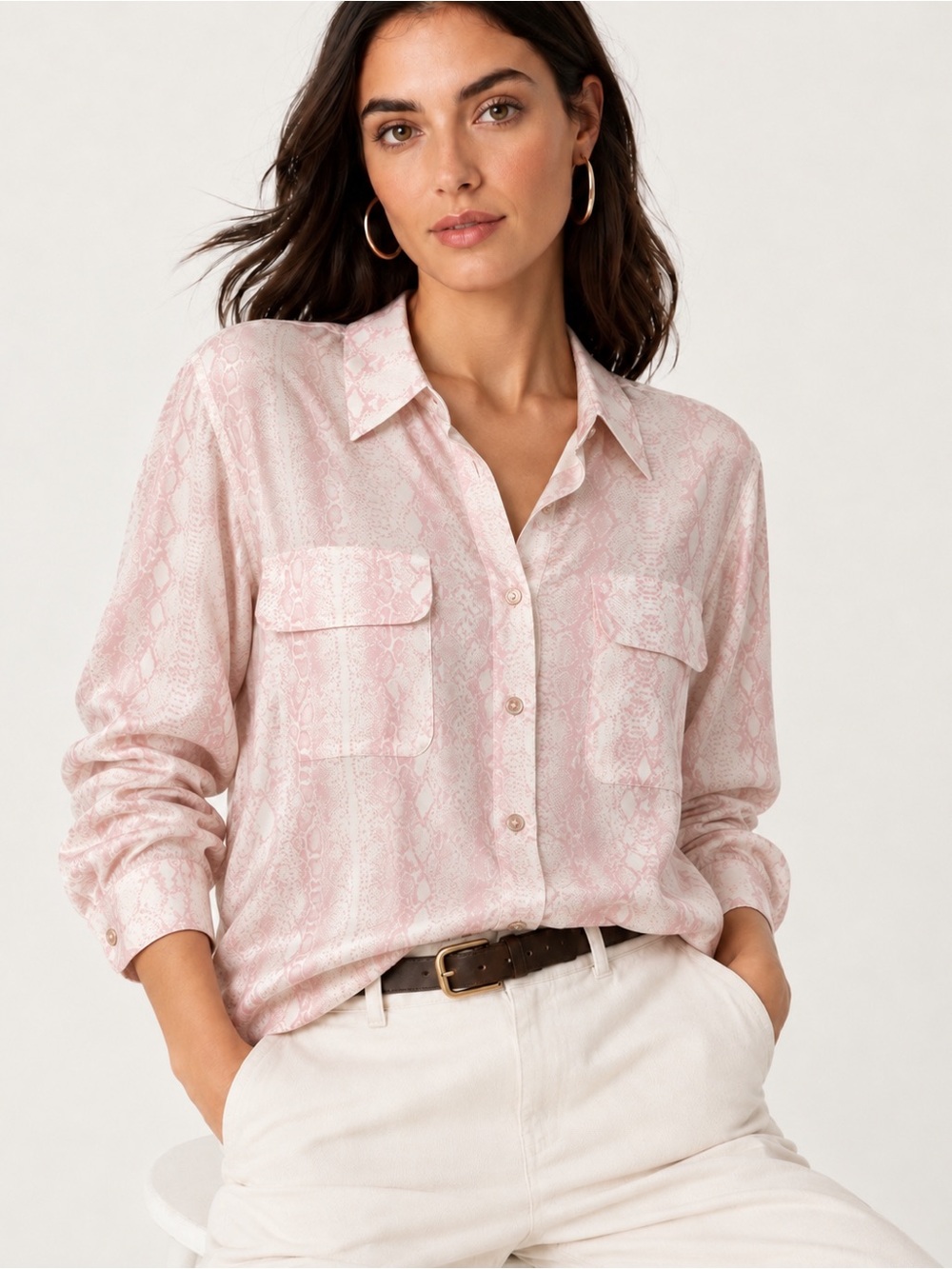 Equipment 100% Silk Pink Snake Print Button-Up Shirt Blouse Size L Y2K Femme
